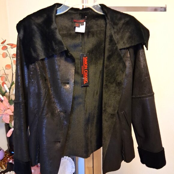 NWT Simon Chang Women's Black Faux Leather Petite Jacket with Pockets - Picture 9 of 13